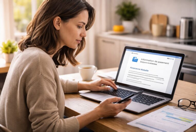 Une assurée consulte sur son ordinateur un message de l’Assurance maladie « Information de paiement » et vérifie ses remboursements.