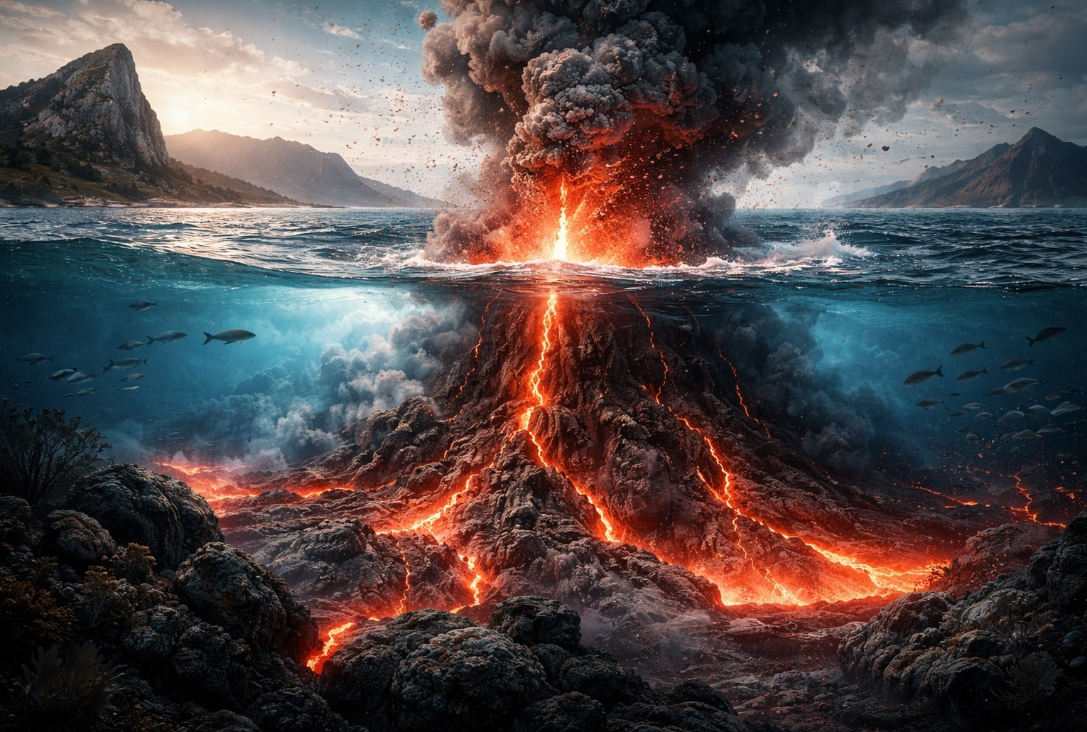 Atlantique ceinture de feu : éruption volcanique sous-marine imagée près du détroit de Gibraltar, symbole d’une future zone de subduction.