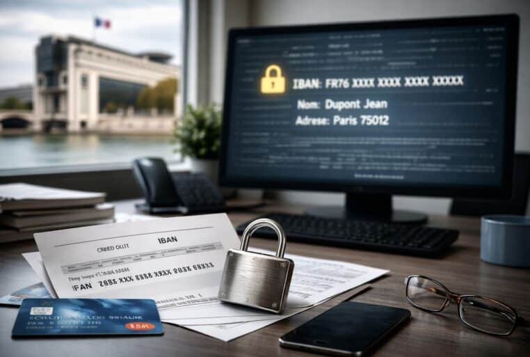 Attaque FICOBA : bureau sobre avec documents IBAN et écran flouté en arrière-plan, symbole d’un accès non autorisé à des données.