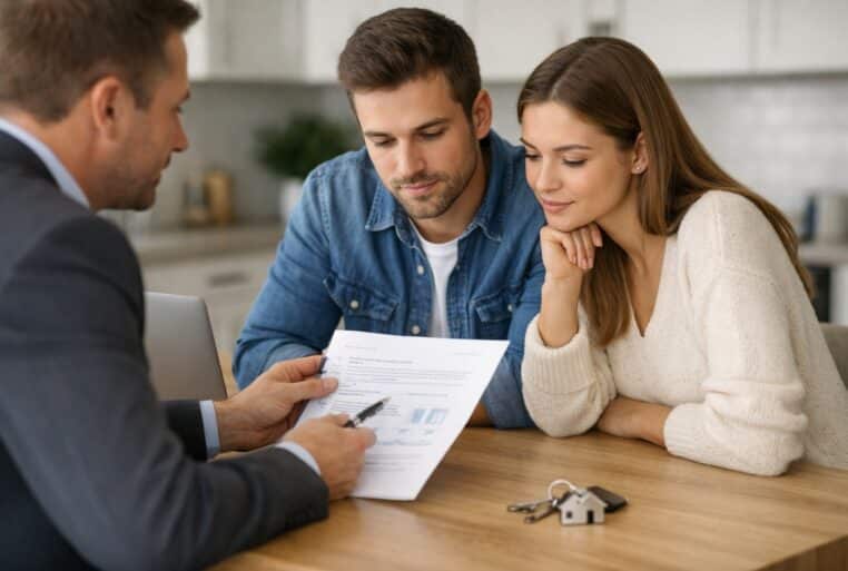 Un couple échange avec un agent immobilier autour d’une attestation de financement avant une première visite.
