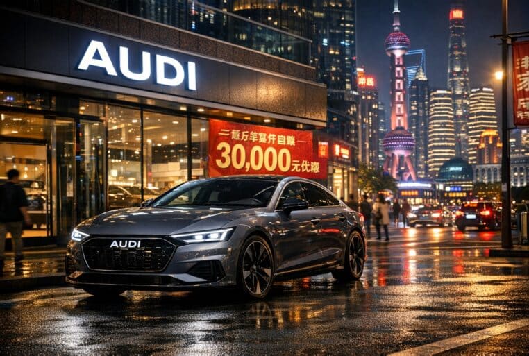 AUDI E5 Sportback en Chine, berline électrique devant une concession avec une affiche de promotion à 30 000 yuans, de nuit à Shanghai.