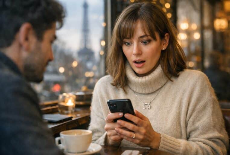 Jeune femme surprise dans un café parisien en hiver, regard fixé sur son téléphone après un aveu amoureux.