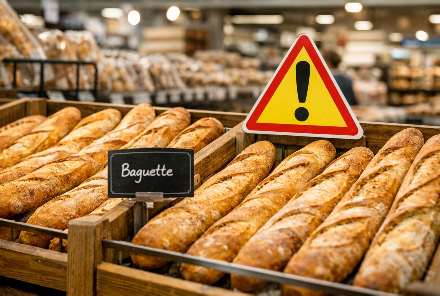 Baguettes de supermarché sur un présentoir, avec un pictogramme d’alerte en arrière-plan.