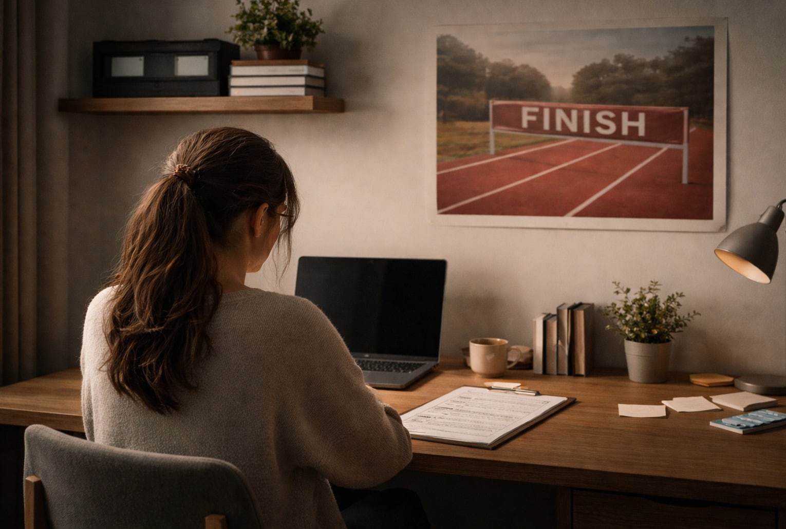 Illustration sobre du biais de l’arrivée : une femme coche une checklist face à un poster « FINISH » dans un bureau calme.