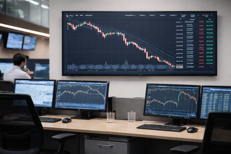 Salle de marché sobre avec écrans affichant un graphique BTC/KRW en baisse, dans un bureau de trading.