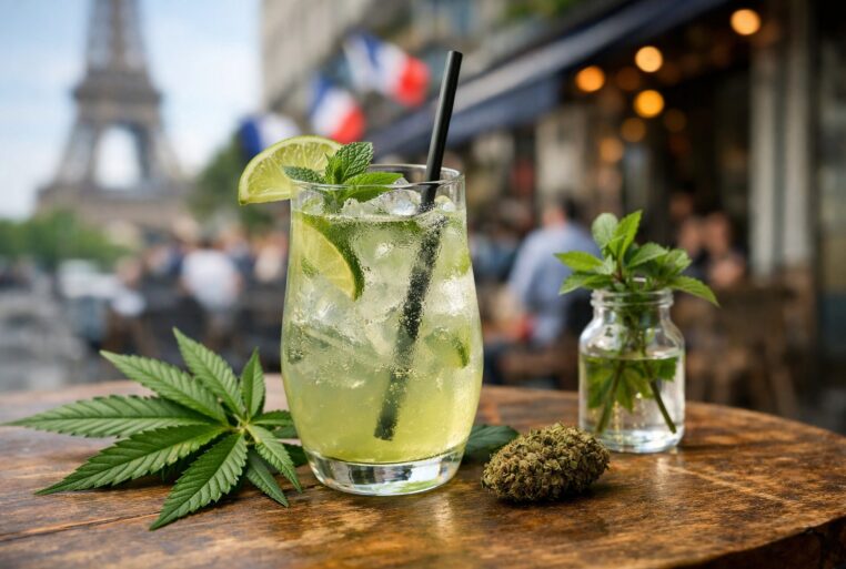 Boisson au cannabis sur une table à Paris, avec la tour Eiffel en arrière-plan