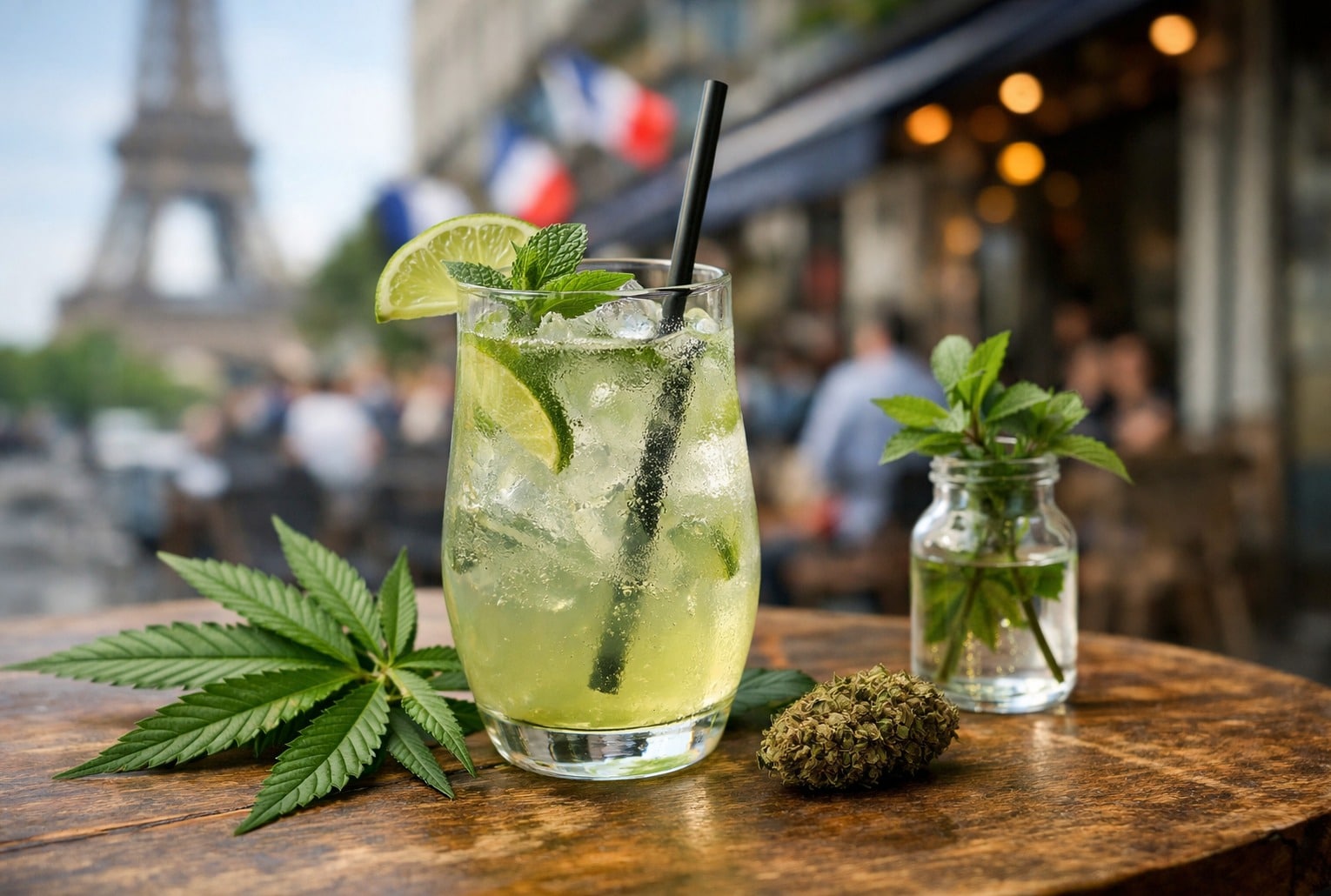 Boisson au cannabis sur une table à Paris, avec la tour Eiffel en arrière-plan