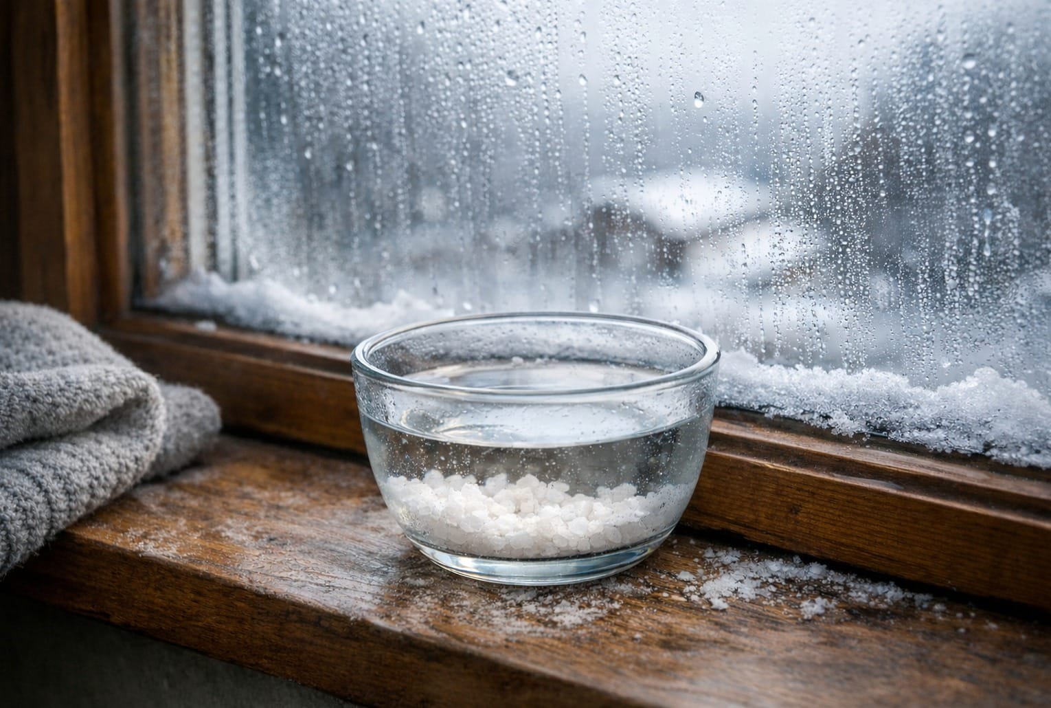 Bol d’eau salée posé sur un rebord de fenêtre en hiver, près d’une vitre couverte de condensation.