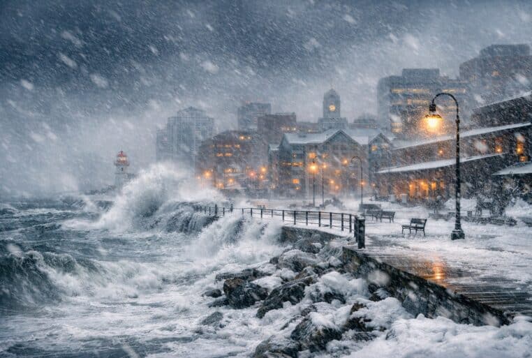 Bombe météo sur la côte : blizzard et vagues submergeant la promenade à Halifax, rafales violentes et visibilité réduite.
