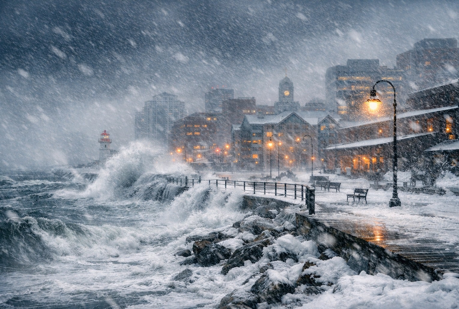 Bombe météo sur la côte : blizzard et vagues submergeant la promenade à Halifax, rafales violentes et visibilité réduite.