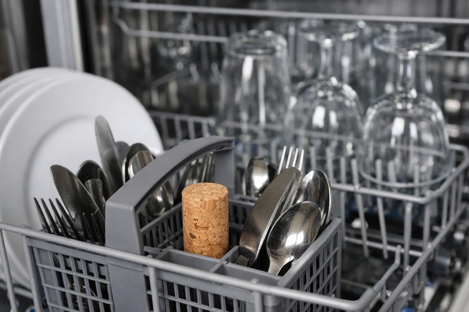 Bouchon de liège lave-vaisselle placé dans le panier à couverts, avec des verres impeccables en arrière-plan.