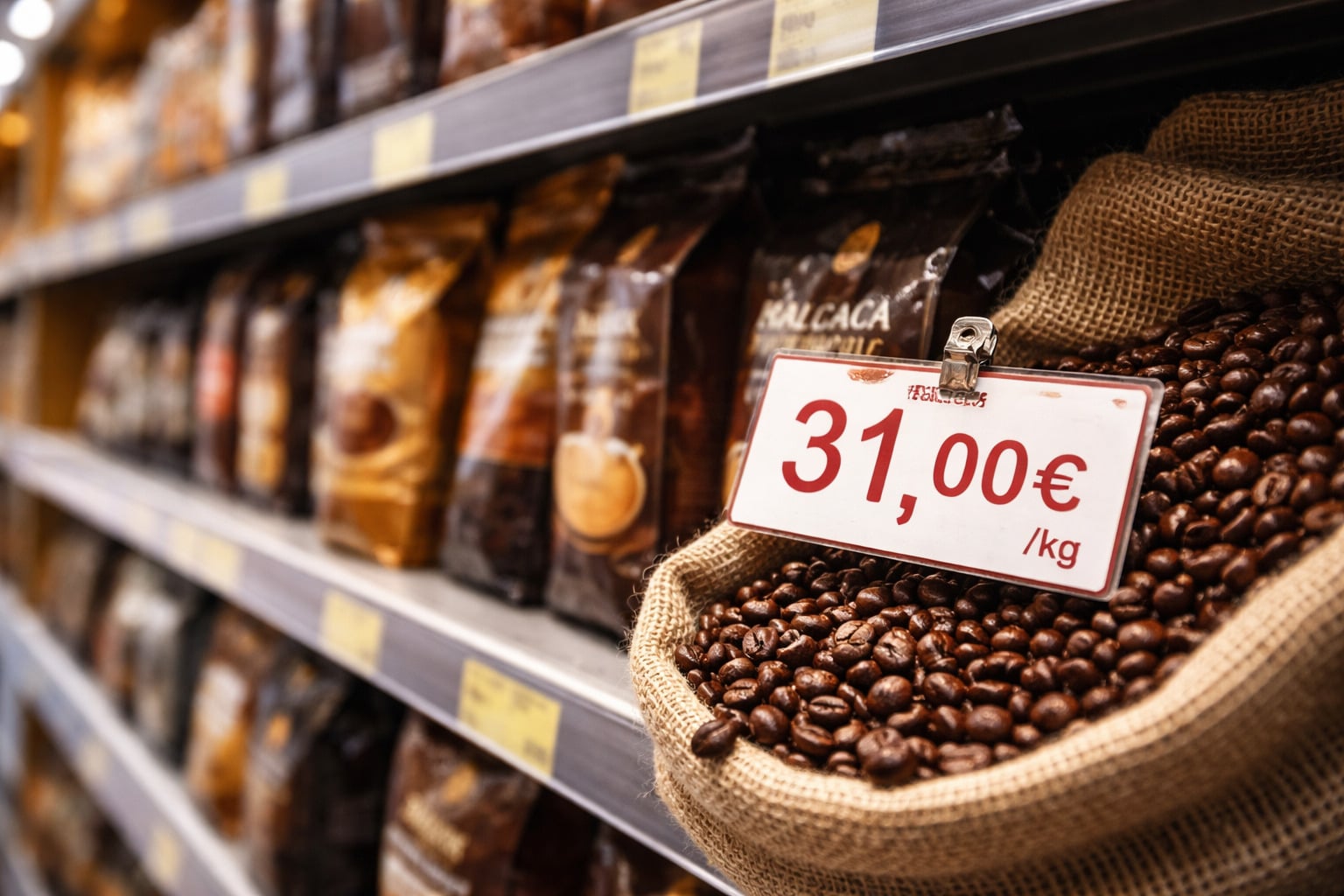 Prix du café en hausse : étiquette à 31,00 €/kg devant des grains de café en rayon.