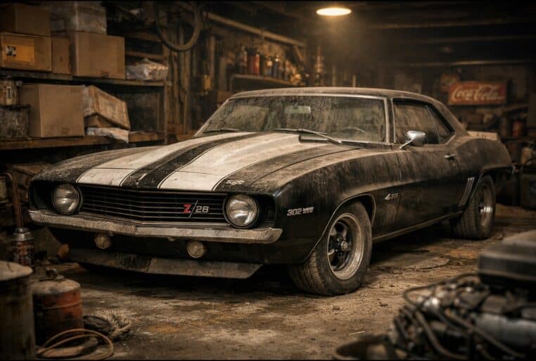 Camaro 1969 Z/28 noire poussiéreuse oubliée dans un garage, éclairée par une lumière chaude.