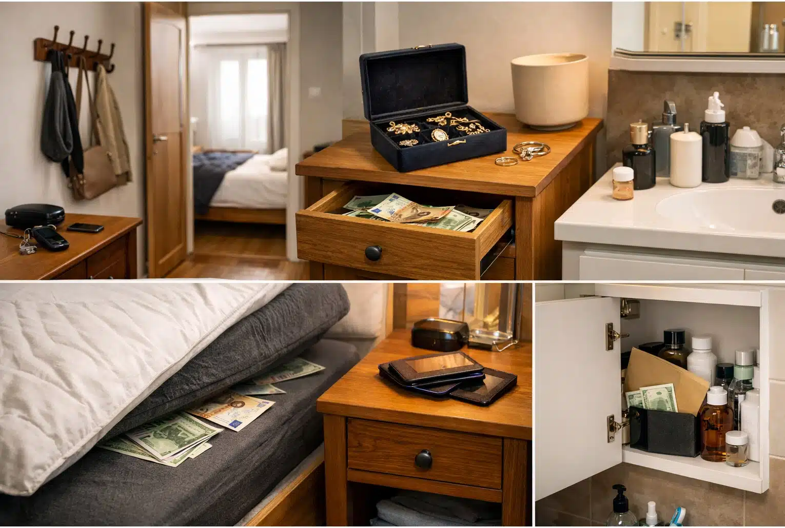 Intérieur d’appartement montrant des fausses cachettes “sûres” où les cambrioleurs regardent en premier (tiroir de table de nuit, dessous de matelas, armoire de salle de bains).