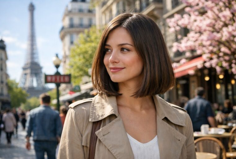 Femme avec un carré long (lob) lisse, dans une rue parisienne au printemps, avec la tour Eiffel en arrière-plan.