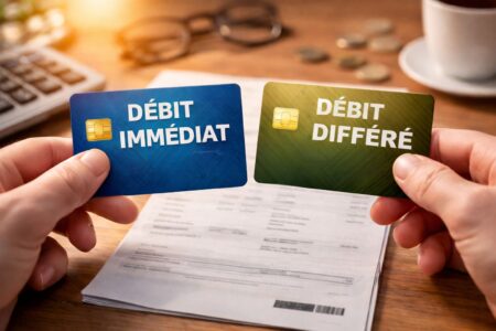Comparatif carte à débit immédiat et carte à débit différé au-dessus d’un relevé bancaire et d’un smartphone.