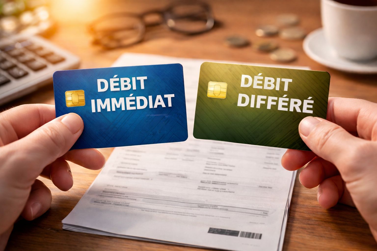 Comparatif carte à débit immédiat et carte à débit différé au-dessus d’un relevé bancaire et d’un smartphone.
