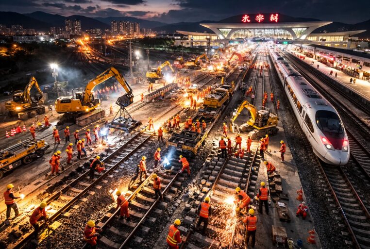 Chantier ferroviaire nocturne en Chine : ouvriers et engins posent des rails près d’une gare, tandis qu’un train à grande vitesse passe.