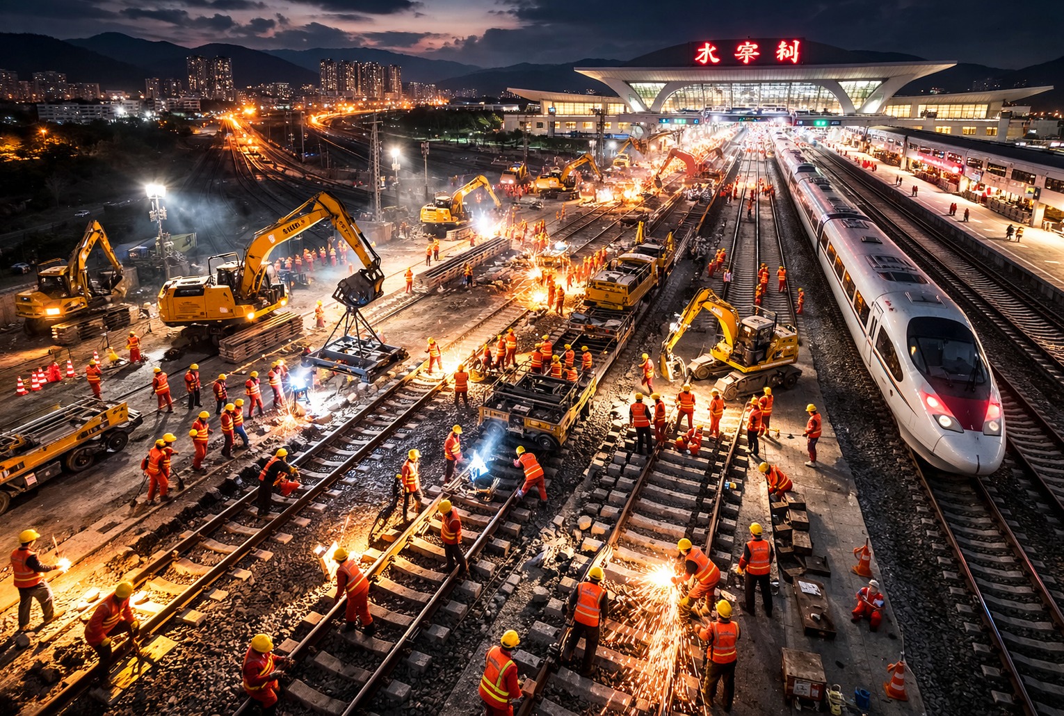 Chantier ferroviaire nocturne en Chine : ouvriers et engins posent des rails près d’une gare, tandis qu’un train à grande vitesse passe.
