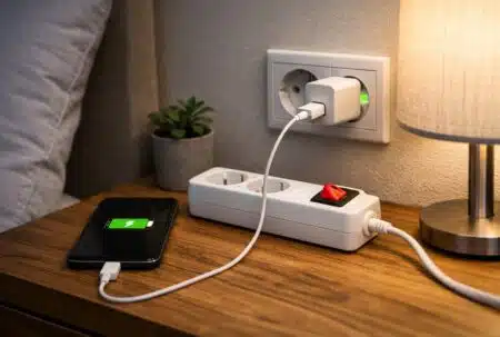 Chargeur de téléphone branché à une prise murale, smartphone en charge sur une table de nuit, multiprise avec interrupteur à proximité.