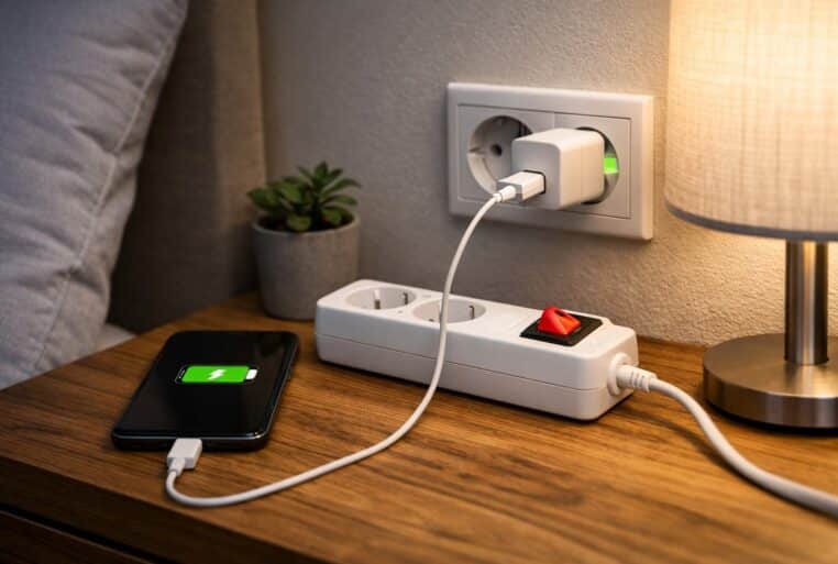 Chargeur de téléphone branché à une prise murale, smartphone en charge sur une table de nuit, multiprise avec interrupteur à proximité.