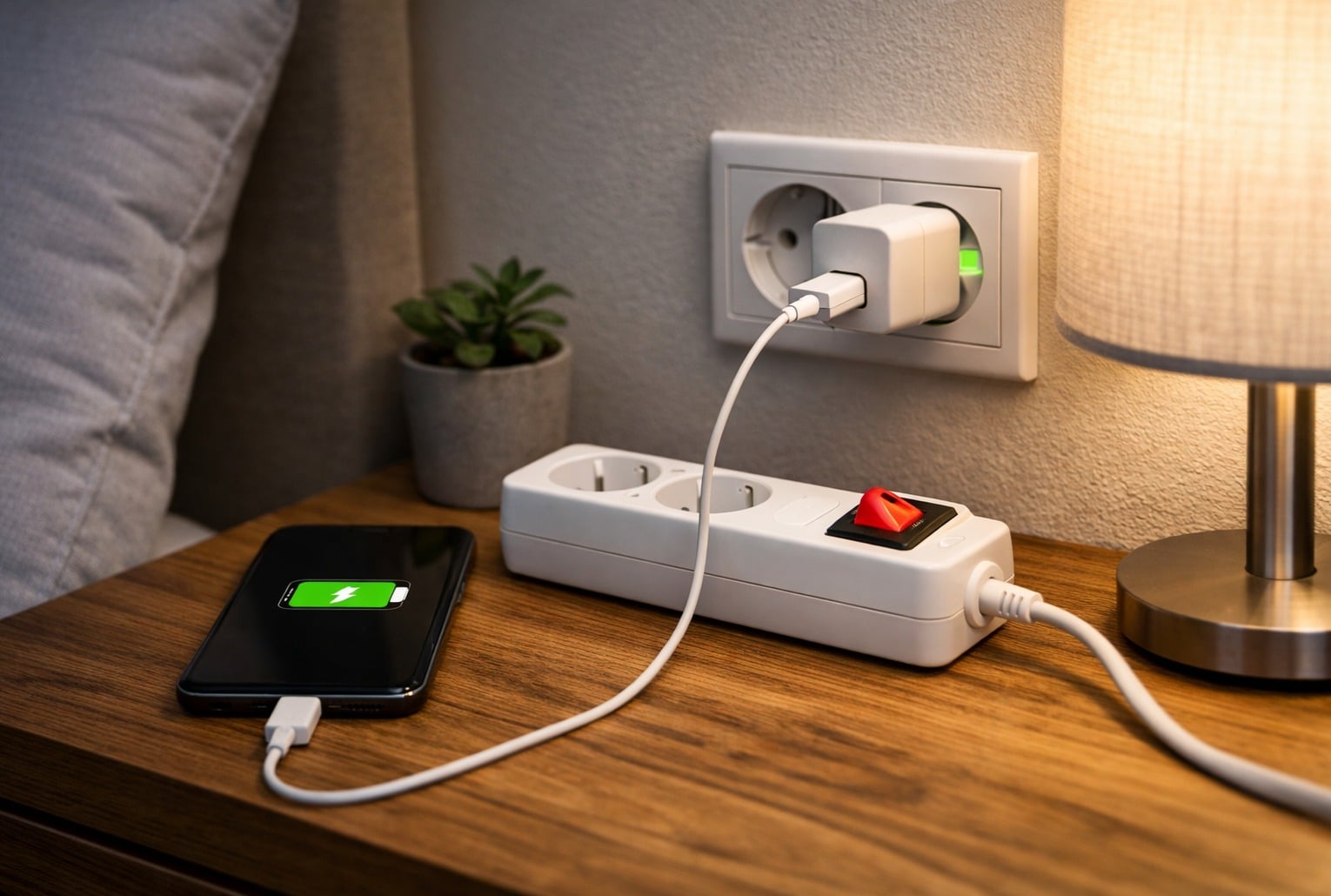 Chargeur de téléphone branché à une prise murale, smartphone en charge sur une table de nuit, multiprise avec interrupteur à proximité.