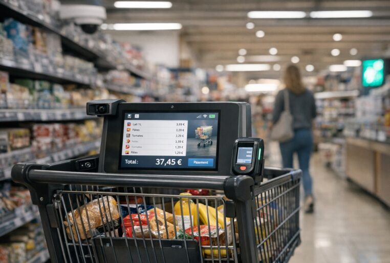 Chariot connecté en supermarché avec écran affichant le total des achats en temps réel.
