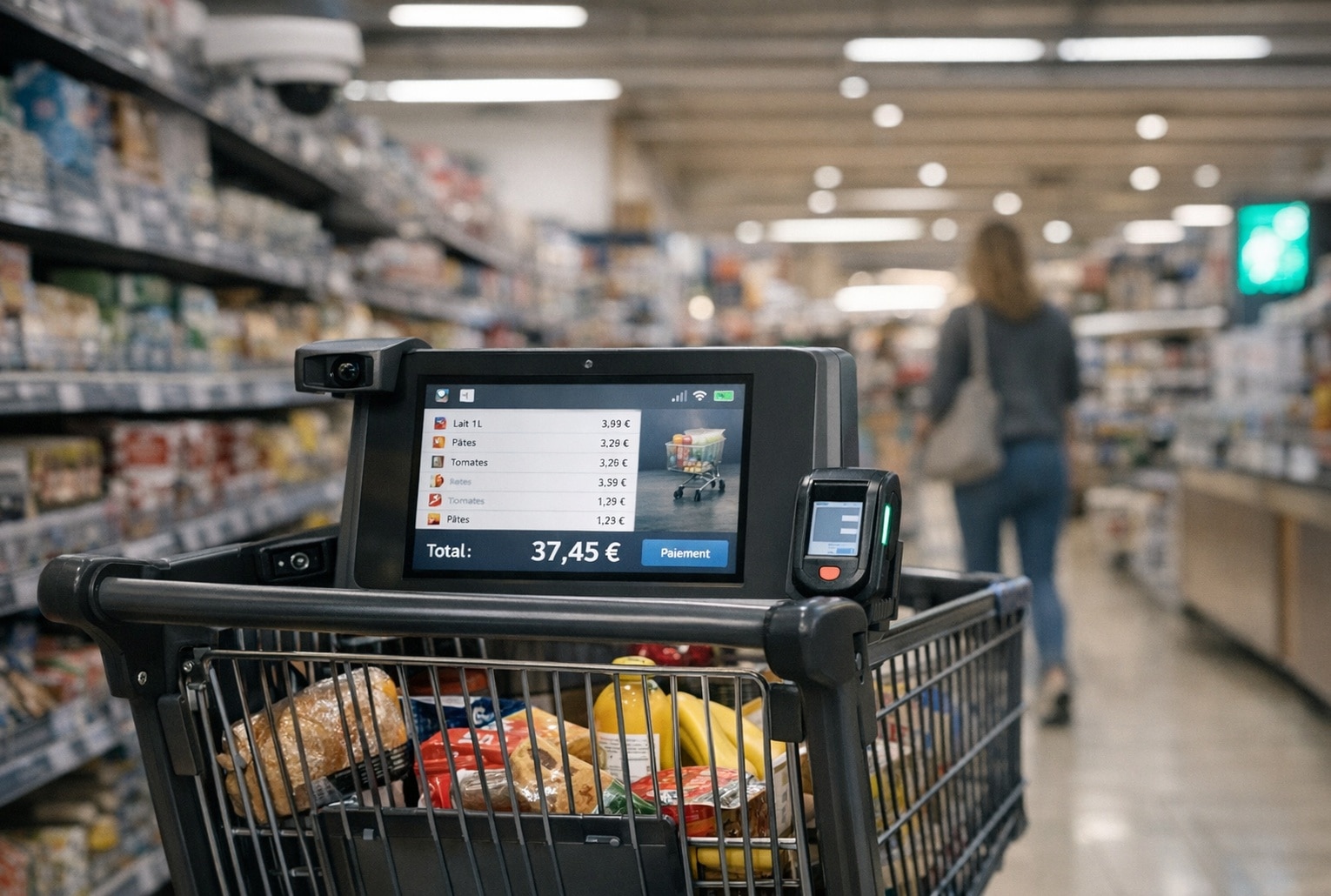 Chariot connecté en supermarché avec écran affichant le total des achats en temps réel.