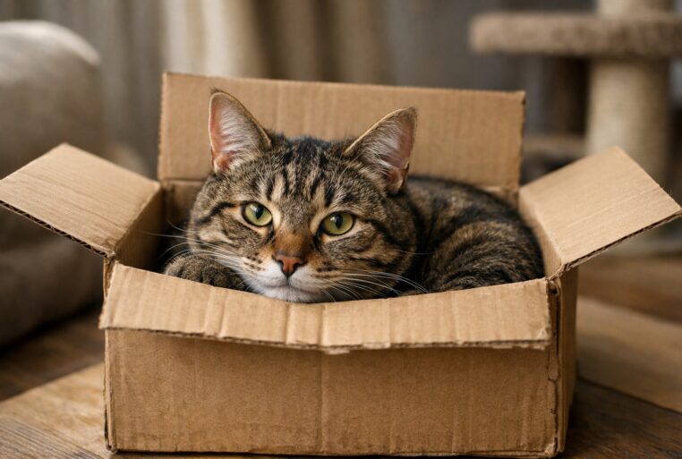 Chat tigré allongé dans une boîte en carton, regard vers l’objectif.