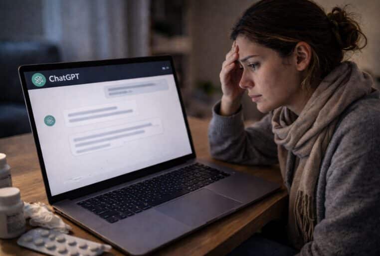 Femme inquiète devant un ordinateur affichant une interface de chat de type ChatGPT pour des conseils de santé, sans texte lisible à l’écran.