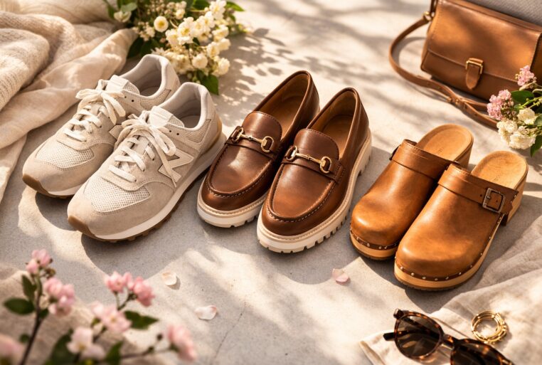Chaussures confortables pour le printemps : sneaker amortie, mocassins à semelle épaisse et sabots en cuir, posés en flatlay sous une lumière douce.