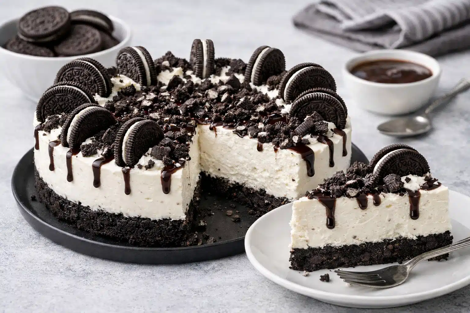 Cheesecake Oreo sans cuisson avec base croustillante, crème onctueuse et coulis de chocolat, servi avec une part découpée.