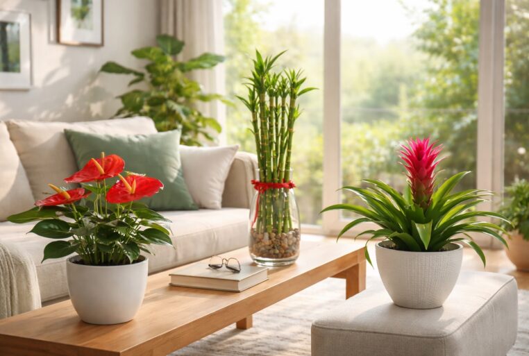 Année du Cheval de Feu 2026 : anthurium rouge, bambou porte-bonheur et bromélia dans un salon lumineux