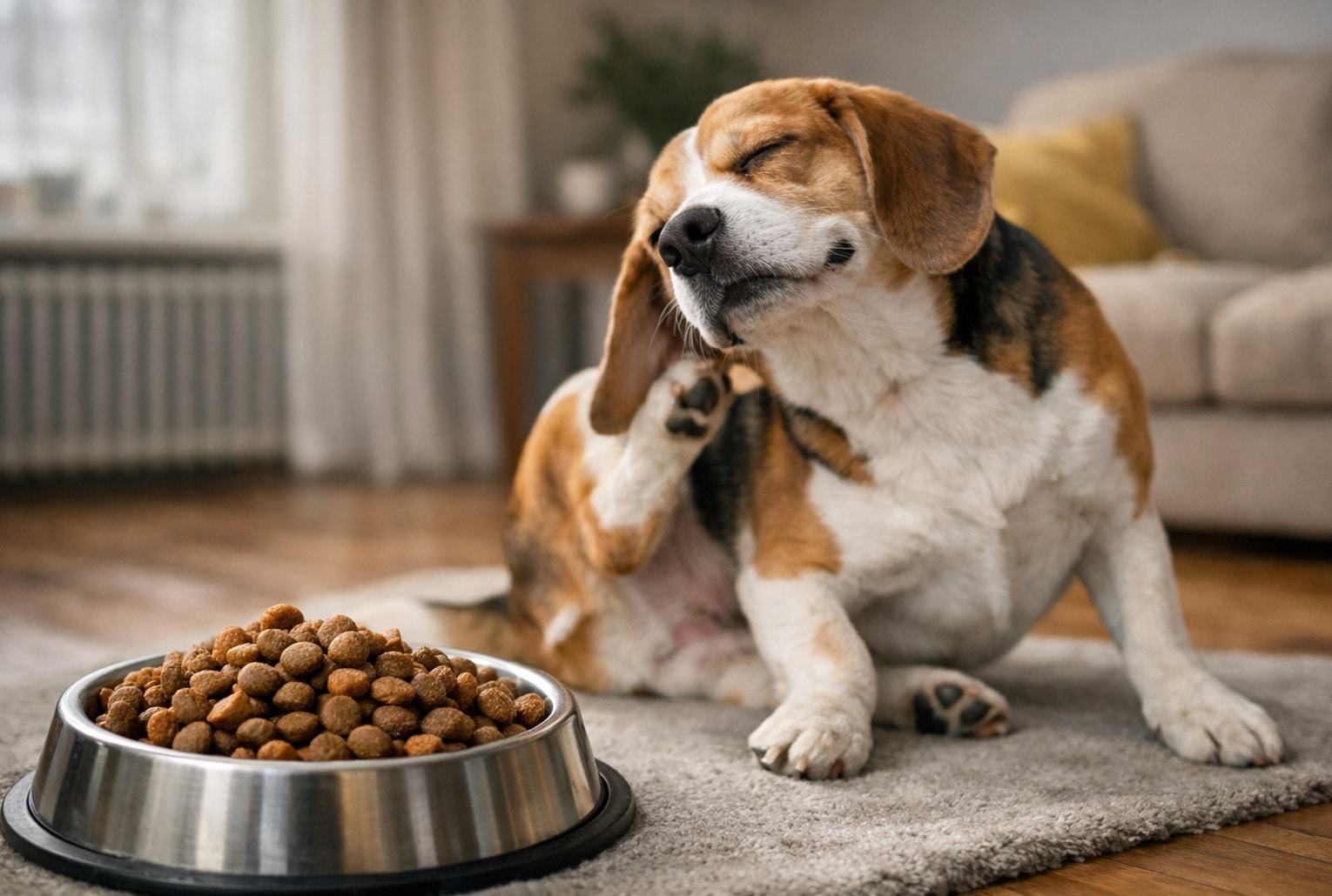 Chien qui se gratte devant une gamelle de croquettes, possible allergie alimentaire chez le chien.