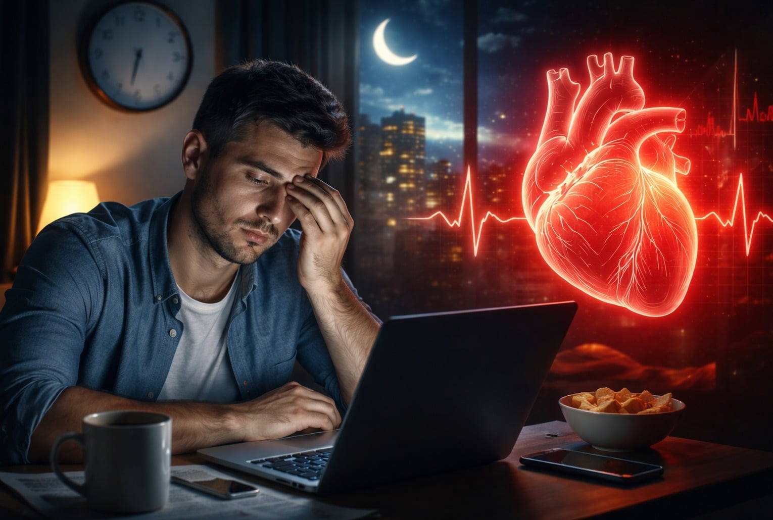Homme fatigué travaillant tard la nuit devant un ordinateur, avec une illustration de cœur lumineux évoquant le chronotype du soir et le risque cardiovasculaire.