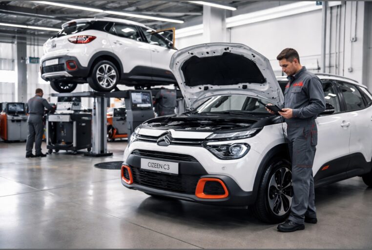 Rappel Citroën C3 : un technicien effectue un diagnostic logiciel en atelier sur une Citroën C3 et un C3 Aircross.