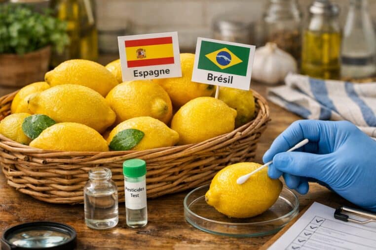 Citrons importés d’Espagne et du Brésil analysés en laboratoire pour détecter des résidus de pesticides.