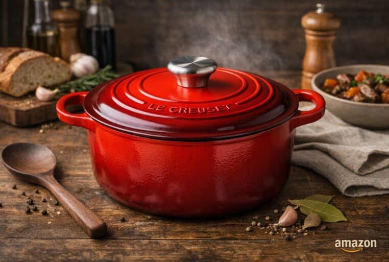 Cocotte en fonte Le Creuset rouge cerise sur plan de travail, avec ingrédients de cuisine et logo Amazon en bas à droite.