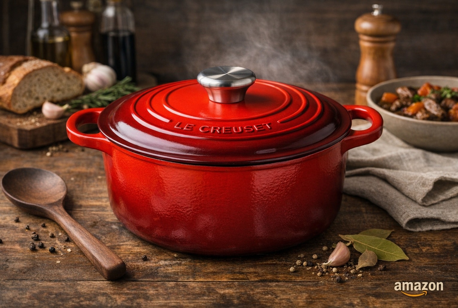 Cocotte en fonte Le Creuset rouge cerise sur plan de travail, avec ingrédients de cuisine et logo Amazon en bas à droite.
