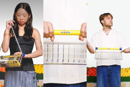 Montage 3 visuels du “Trolley Bag” Lidl x Nik Bentel, sac-caddie porté en bandoulière et en panier.
