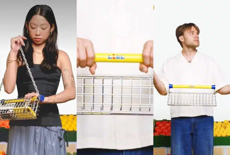 Montage 3 visuels du “Trolley Bag” Lidl x Nik Bentel, sac-caddie porté en bandoulière et en panier.