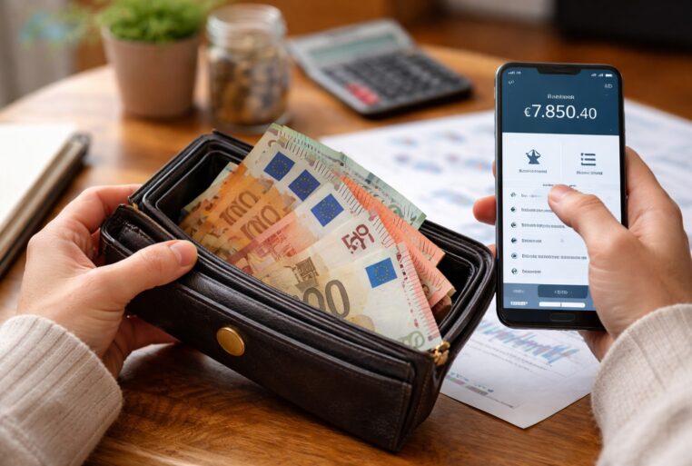 Vider son compte courant : une personne tient un portefeuille avec des billets en euros et consulte son solde sur une appli bancaire.