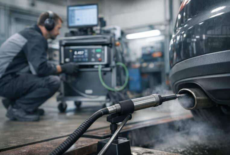 Contrôle technique : test pollution avec sonde à l’échappement et appareil de mesure des particules fines