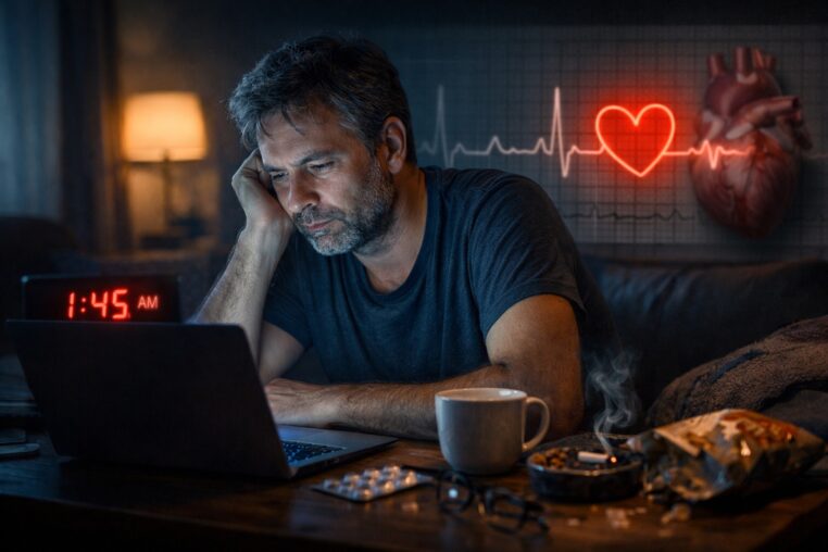 Couche-tard devant un ordinateur à 1h45 du matin, symbole du chronotype du soir et du risque cardio-vasculaire.