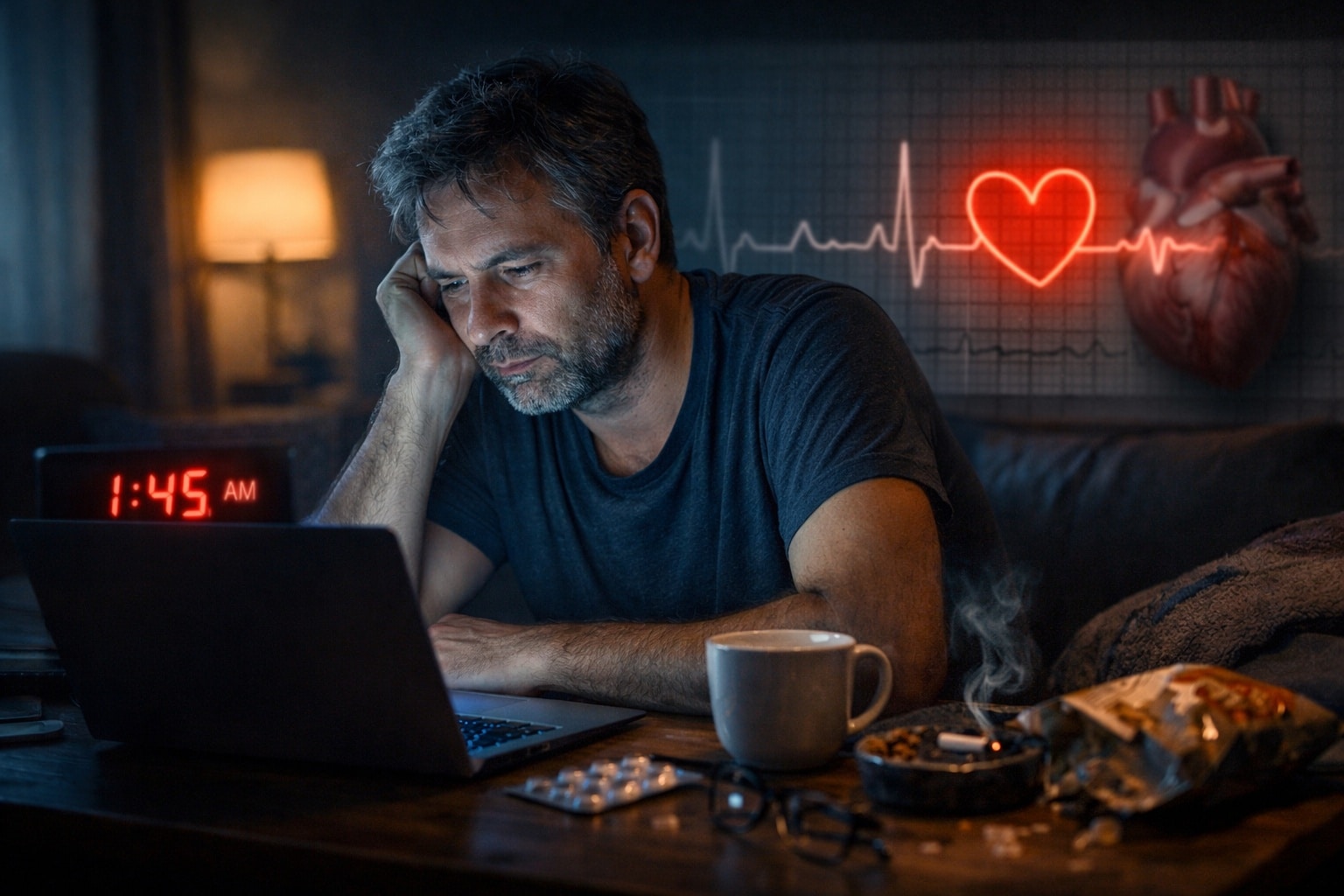 Couche-tard devant un ordinateur à 1h45 du matin, symbole du chronotype du soir et du risque cardio-vasculaire.