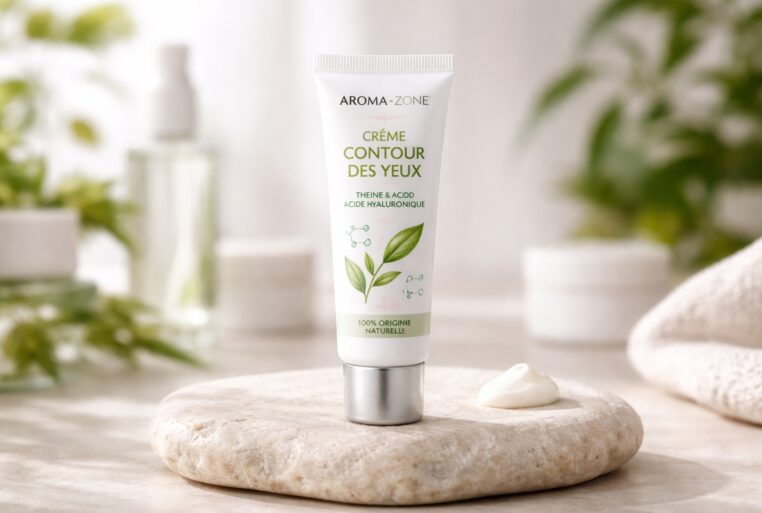 Tube de crème contour des yeux posé sur une pierre claire, noisette de crème visible, lumière douce en studio.