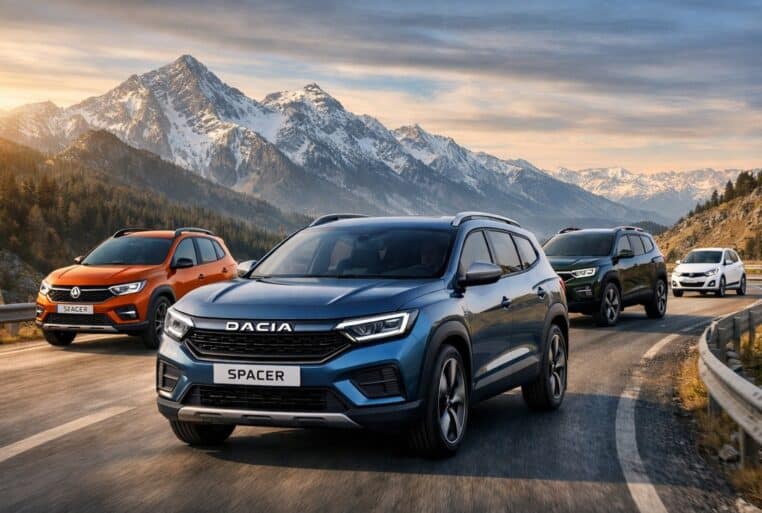 Nouvelle stratégie Dacia : un convoi de modèles (crossover familial, Sandero Stepway, SUV et citadine électrique) sur une route de montagne.