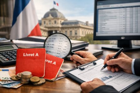 Deux Livrets A sur un bureau, examinés à la loupe : le doublon qui peut déclencher un contrôle.
