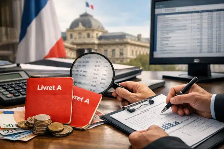 Deux Livrets A sur un bureau, examinés à la loupe : le doublon qui peut déclencher un contrôle.