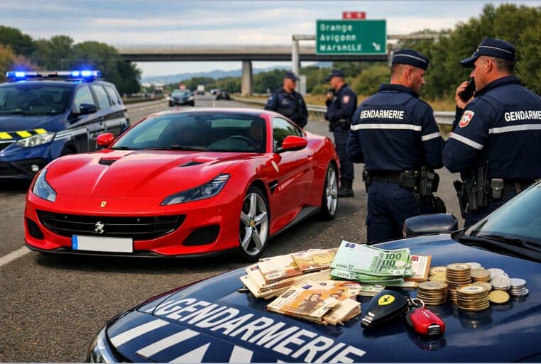 Ferrari rouge arrêtée sur l’autoroute avec gendarmes et indices de fraude sociale sur le capot
